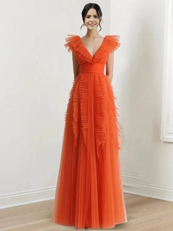 A-Line/Princess V-Neck Sleeveless Floor-length Long Prom Dresses Whit Ruffled BabaMila