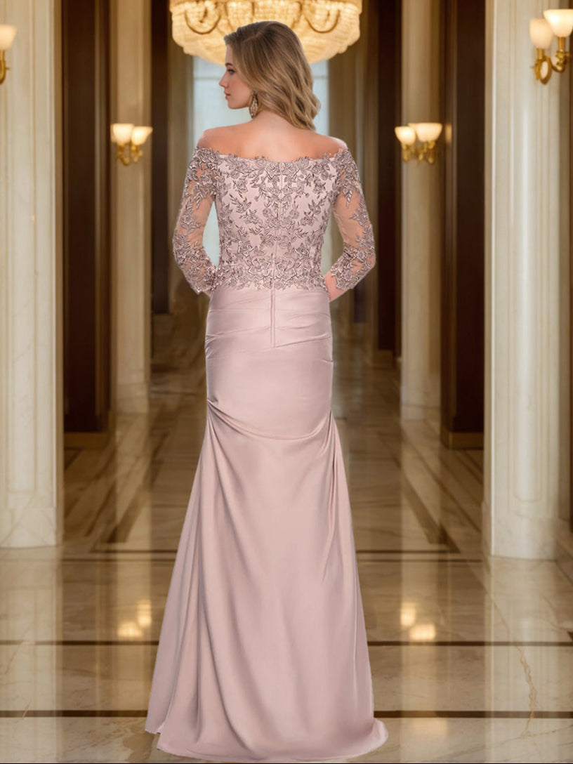 Trumpet/Mermaid V-Neck 3/4 Sleeves Ruched Mother Of The Bride Dresses With Appliques BabaMila