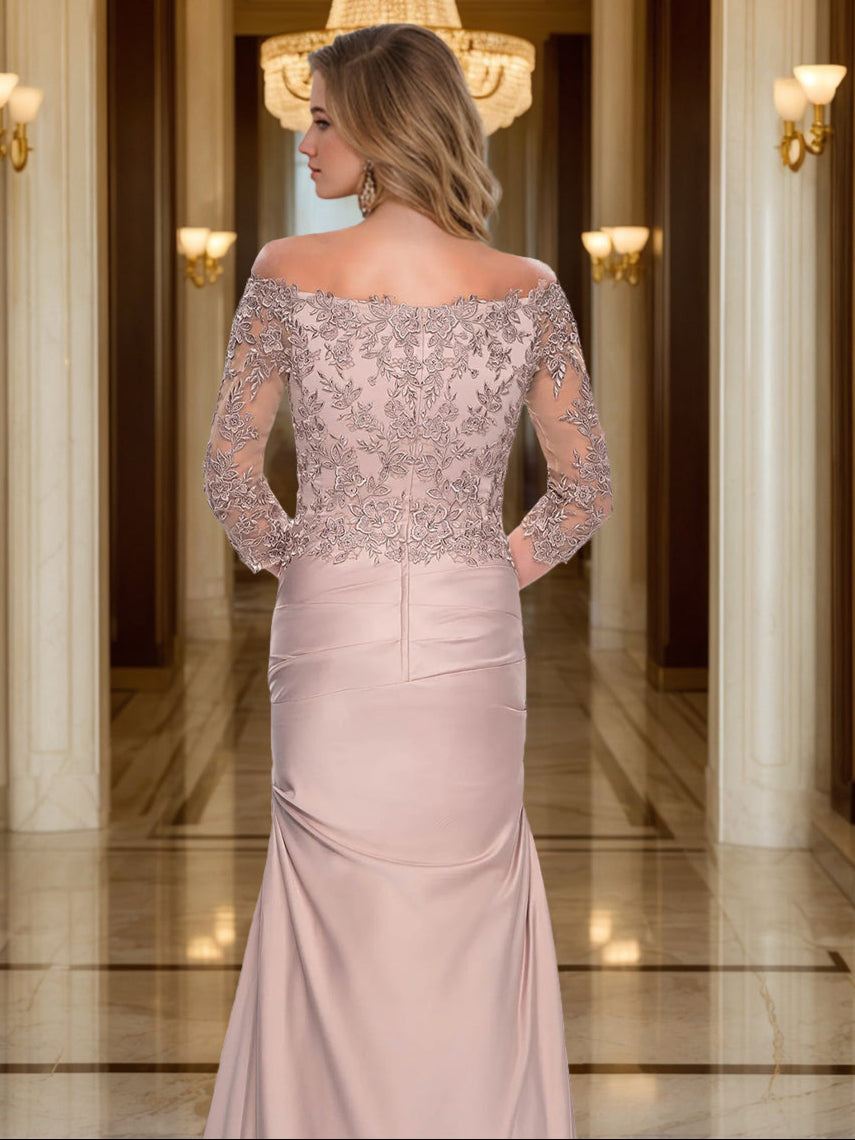 Trumpet/Mermaid V-Neck 3/4 Sleeves Ruched Mother Of The Bride Dresses With Appliques BabaMila