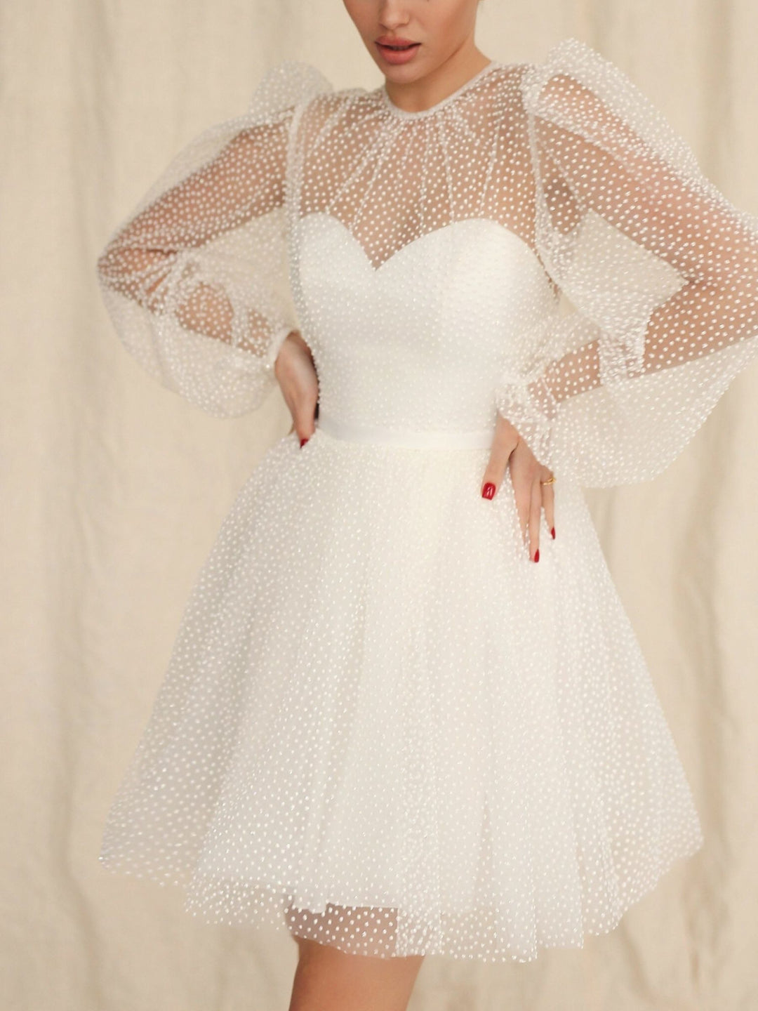 A-Line/Princess Sweetheart Long Sleeves Short/Mini Wedding Dress with Dot Sequins BabaMila