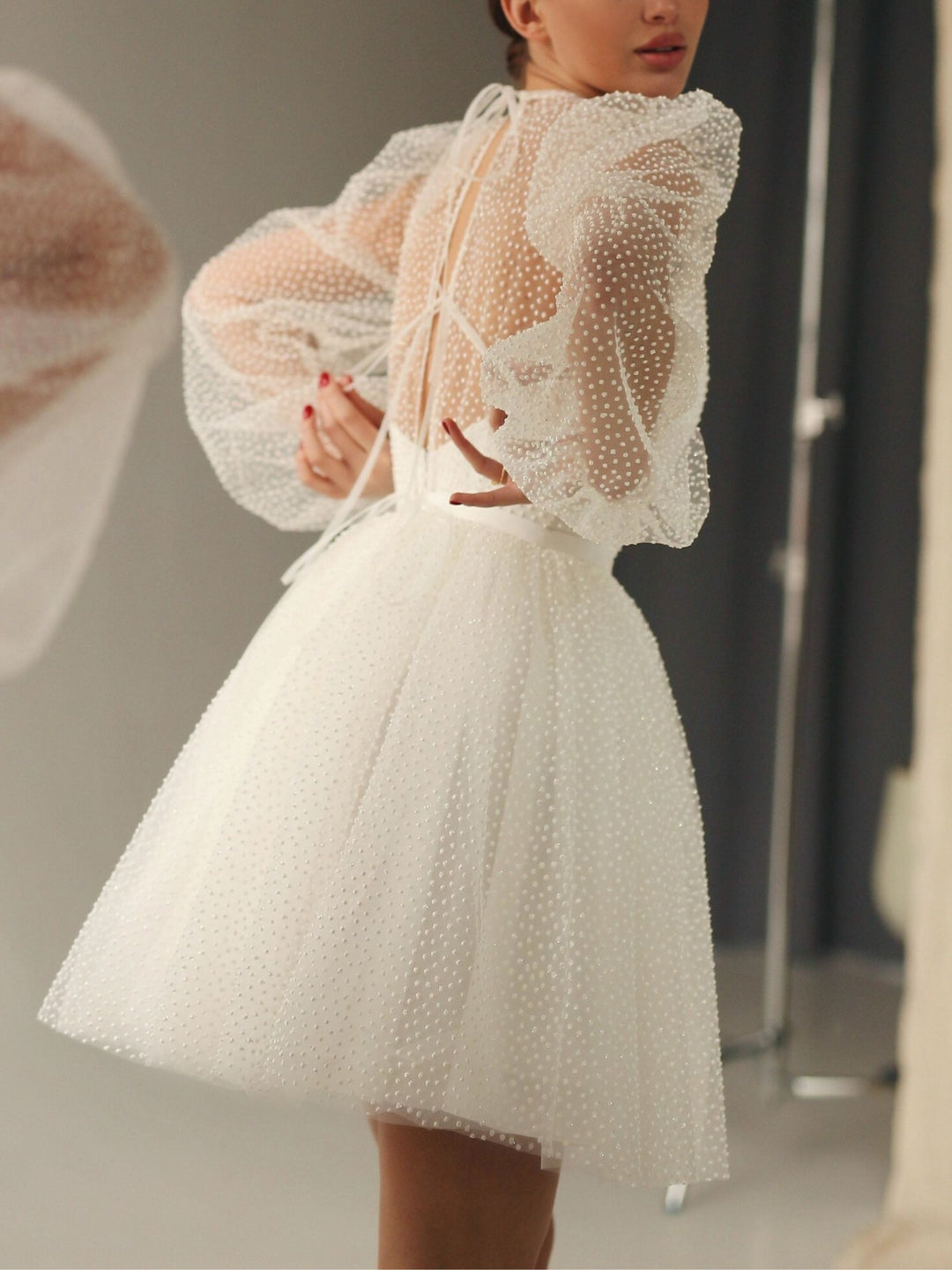 A-Line/Princess Sweetheart Long Sleeves Short/Mini Wedding Dress with Dot Sequins BabaMila