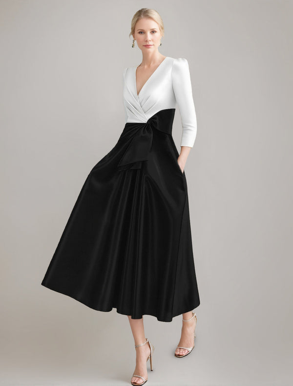 A-Line/Princess V-Neck 3/4 Sleeves Pleated Tea-Length Ruched Mother Of The Bride Dresses With Bow & Pocket BabaMila