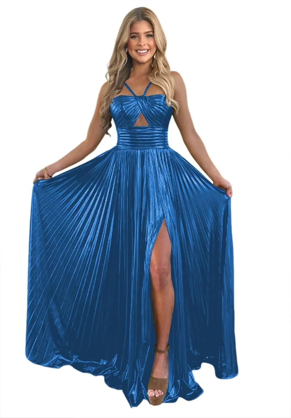 A-Line/Princess Spaghetti Straps Sleeveless Floor-length Long Formal Evening Dresses with Split Side BabaMila