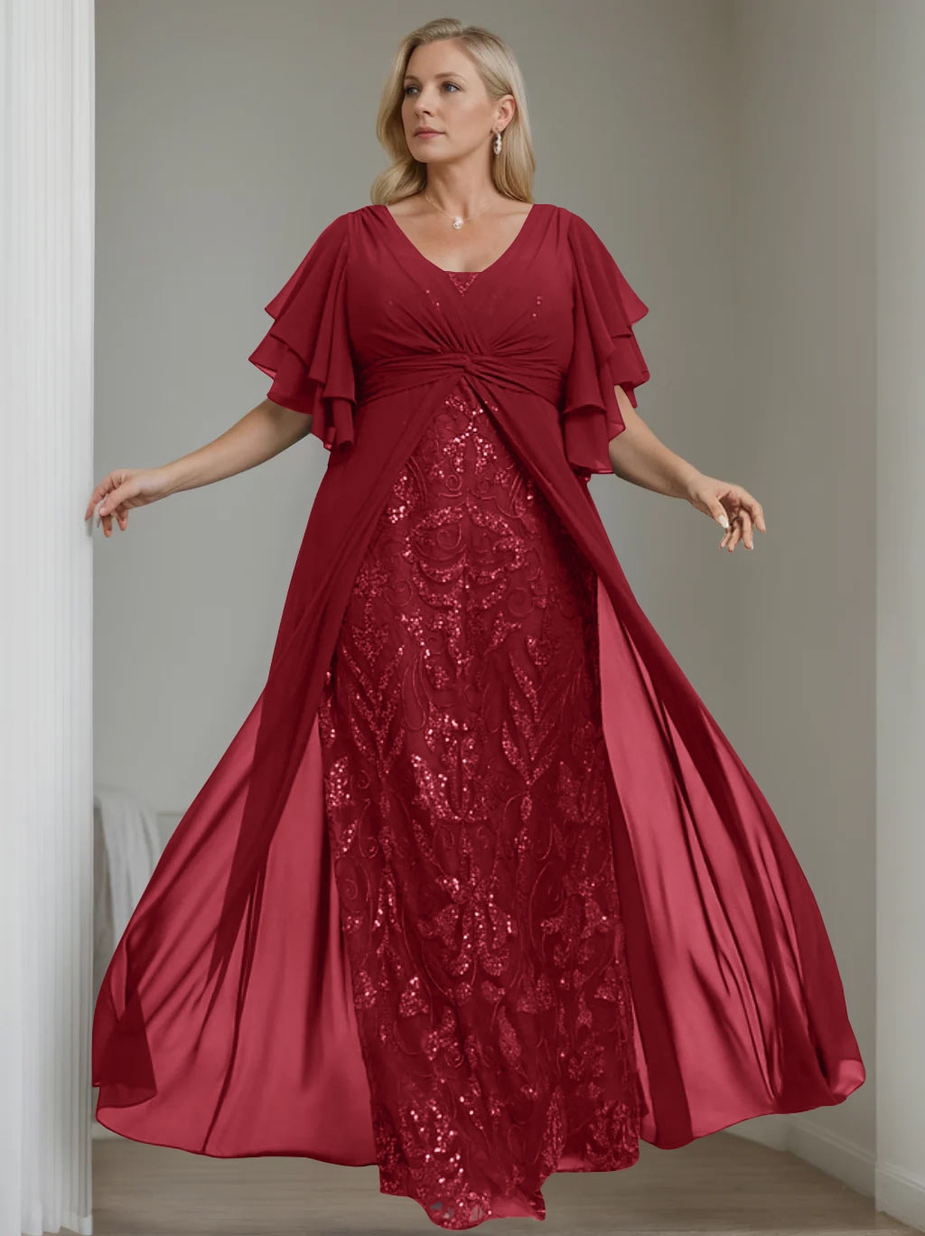 A-Line/Princess V-Neck Half Sleeves Floor-Length Plus Size Mother Of The Bride Dresses With Pleated BabaMila