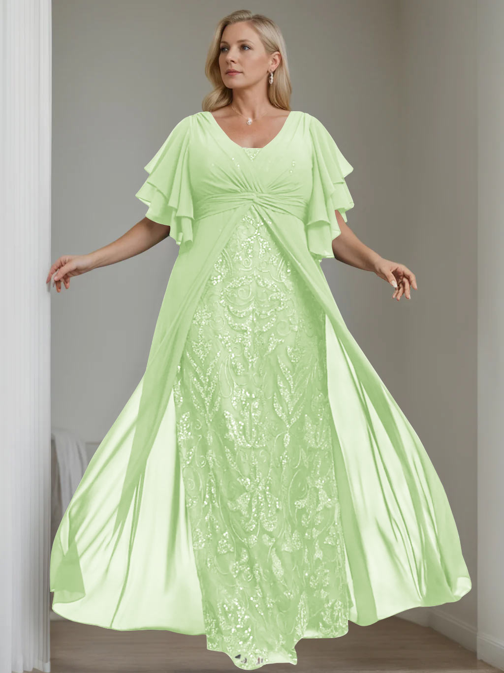 A-Line/Princess V-Neck Half Sleeves Floor-Length Plus Size Mother Of The Bride Dresses With Pleated BabaMila