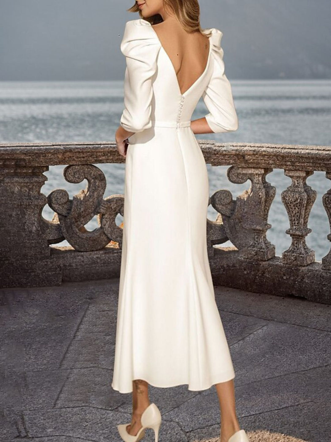 Sheath/Column Retro Square Neck 3/4 Sleeves Tea Length Elegant Wedding Dress With Ruffles BabaMila