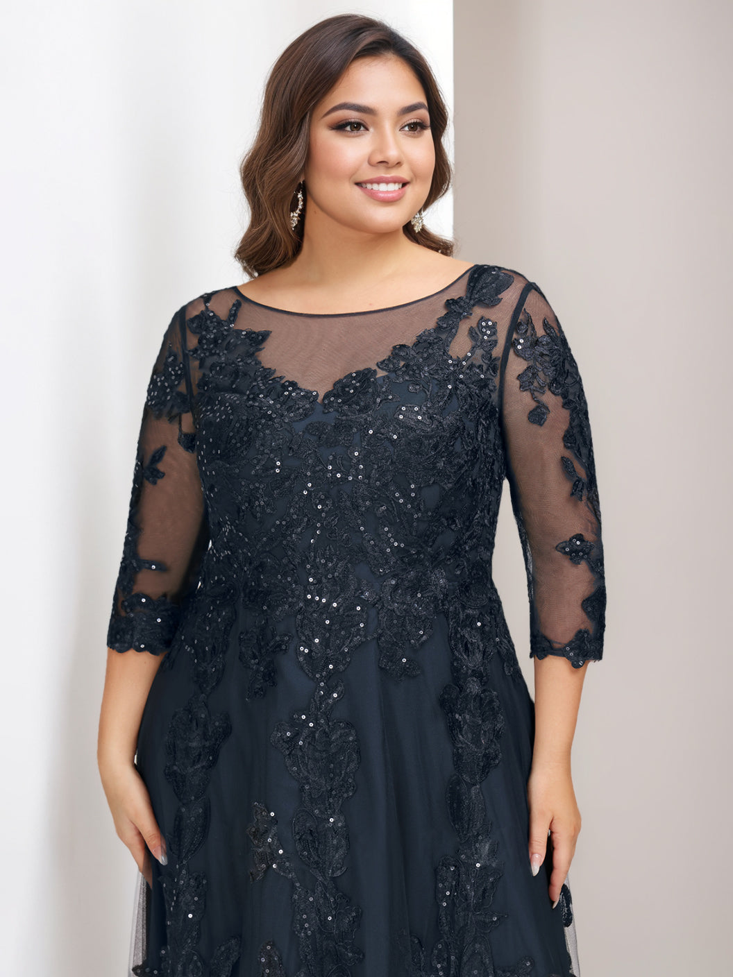 A-Line/Princess Scoop 3/4 Length Sleeves Floor-Length Plus Size Mother Of The Bride Outfits With Sequins BabaMila