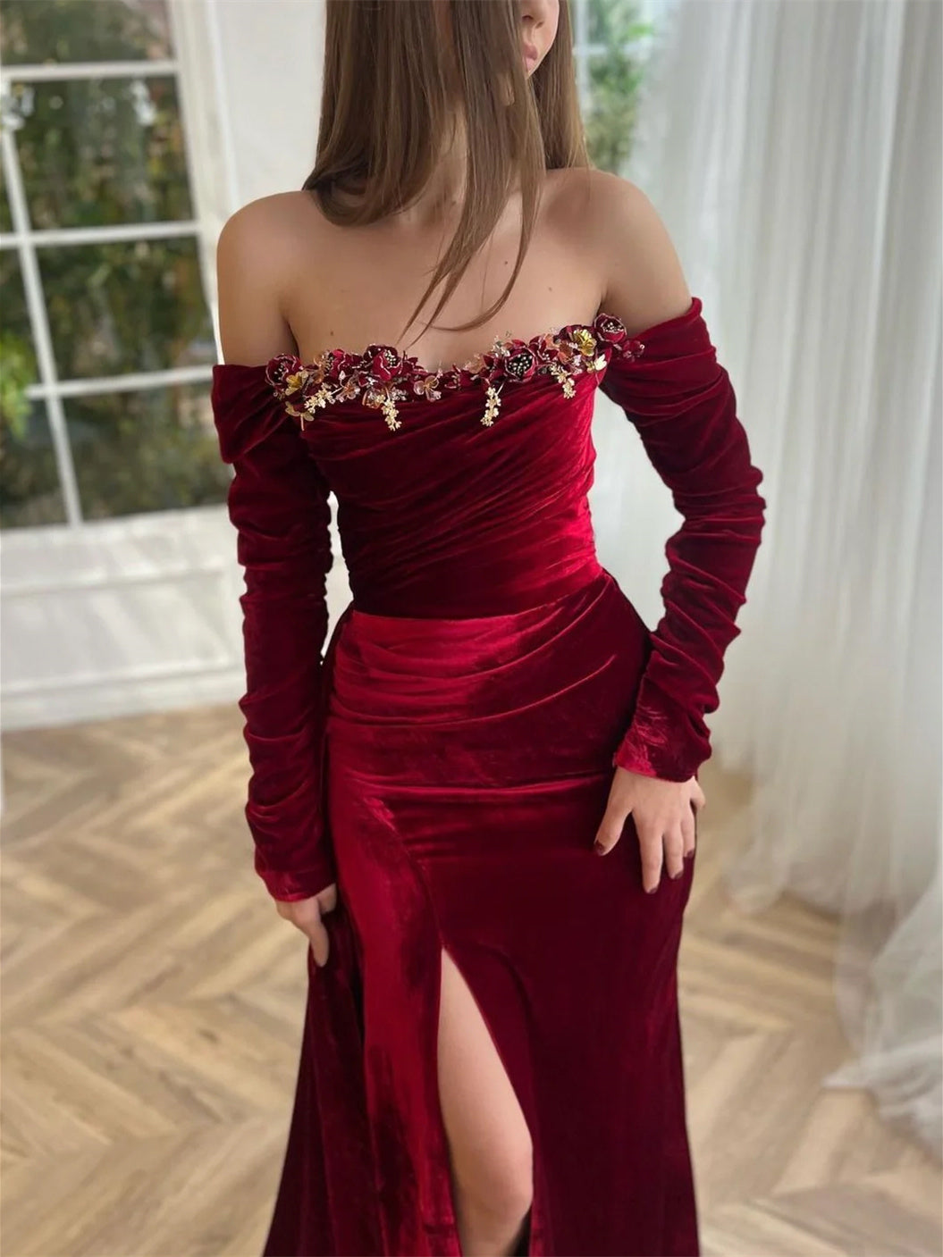 Sheath/Column Off-the-shoulder Long Sleeves Velvet luxury Evening Dresses With Flower BabaMila
