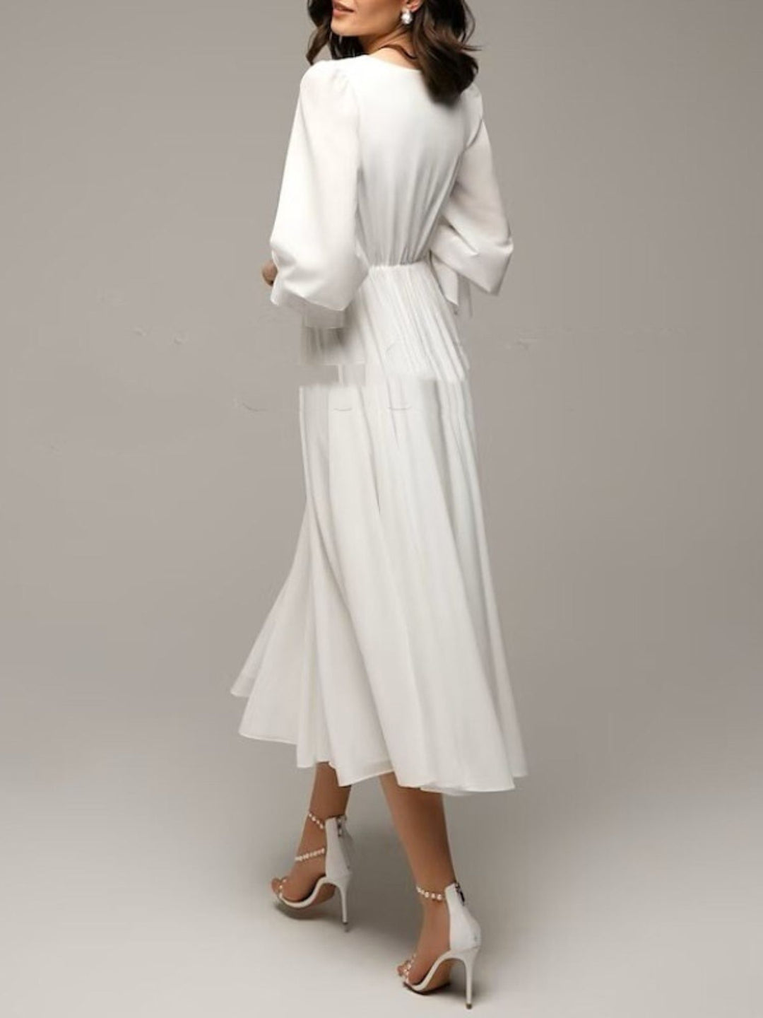 A-Line/Princess V-Neck Ruffle 3/4 Sleeves Tea Length Elegant Wedding Dress BabaMila