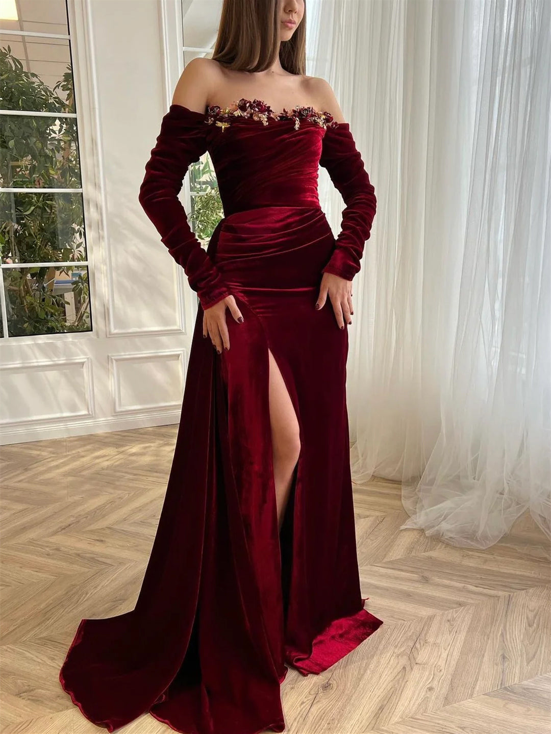 Sheath/Column Off-the-shoulder Long Sleeves Velvet luxury Evening Dresses With Flower BabaMila