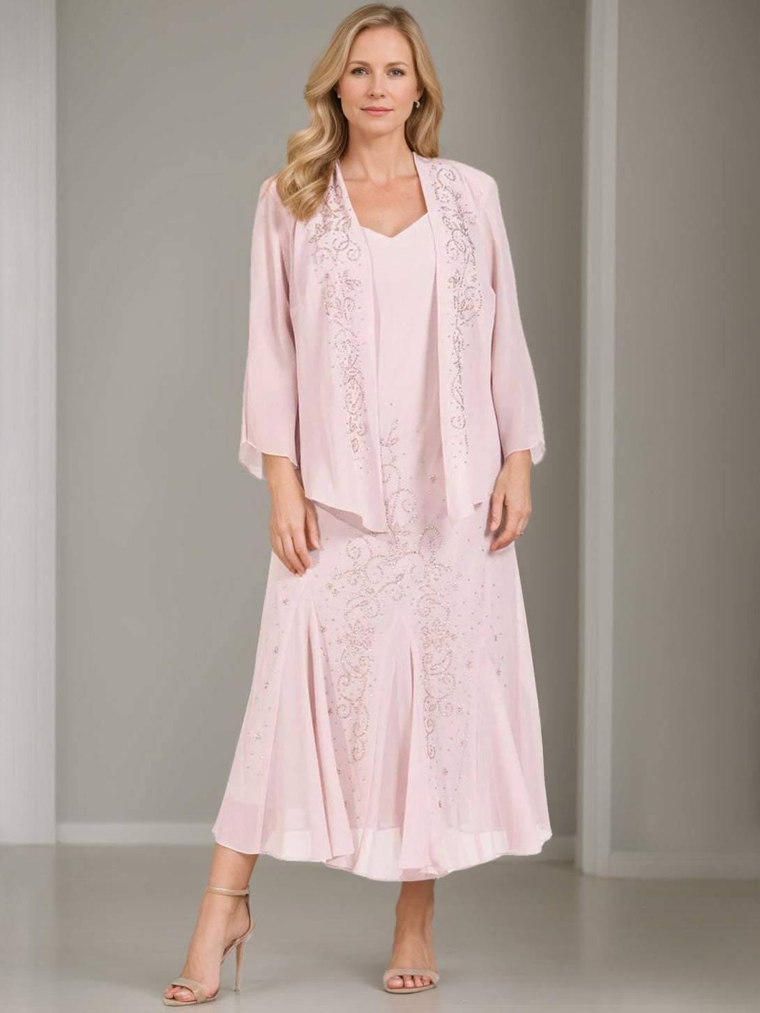 A-Line/Princess 2 Pieces V-Neck Tea-Length Plus Size Mother Of The Bride Dresses With Jacket & Sequins BabaMila