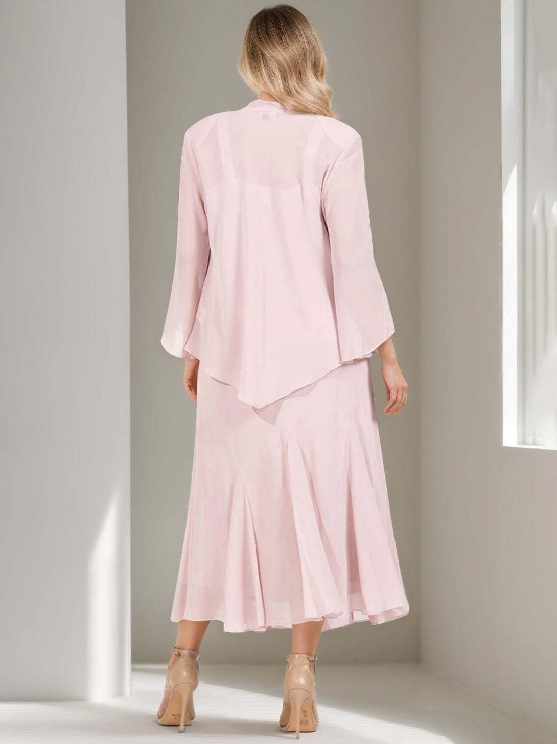 A-Line/Princess 2 Pieces V-Neck Tea-Length Plus Size Mother Of The Bride Dresses With Jacket & Sequins BabaMila