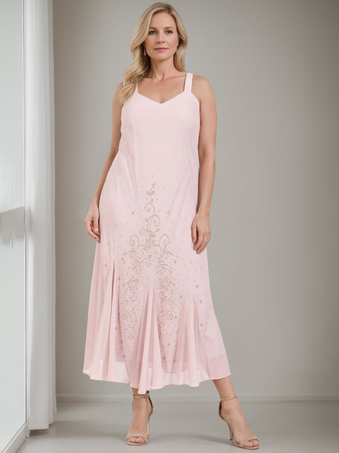 A-Line/Princess 2 Pieces V-Neck Tea-Length Plus Size Mother Of The Bride Dresses With Jacket & Sequins BabaMila