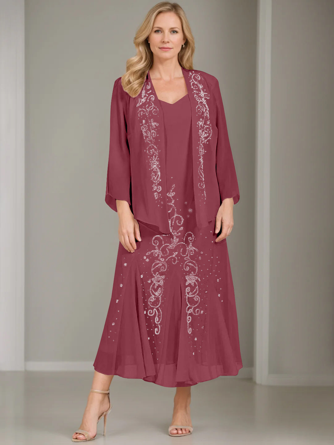 A-Line/Princess 2 Pieces V-Neck Tea-Length Plus Size Mother Of The Bride Dresses With Jacket & Sequins BabaMila