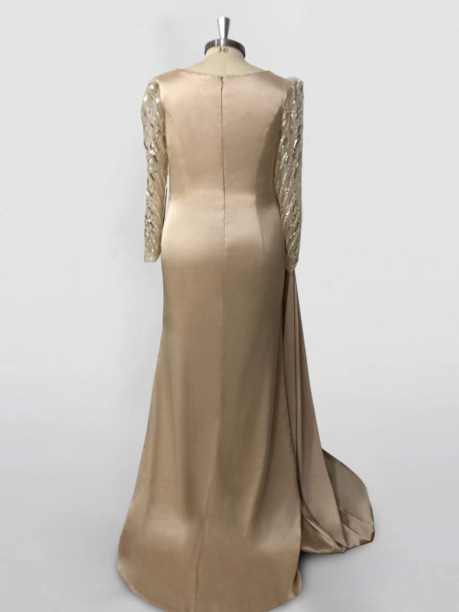Mermaid/Trumpet Sweep/Brush Train Long Sleeve Jewel Neck Prom Dress Satin with Ruched/Slit BabaMila