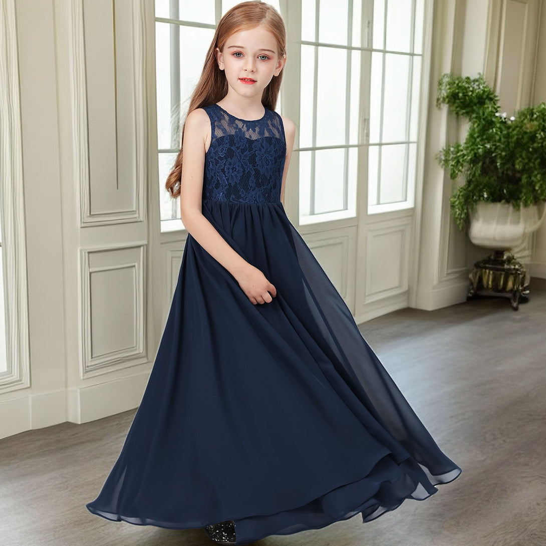 A-Line Scoop Neck Sleeveless Floor-Length Lace/Chiffon Junior Bridesmaid Dress/Girls Birthday Dresses With Pleated Girls Gidiondress