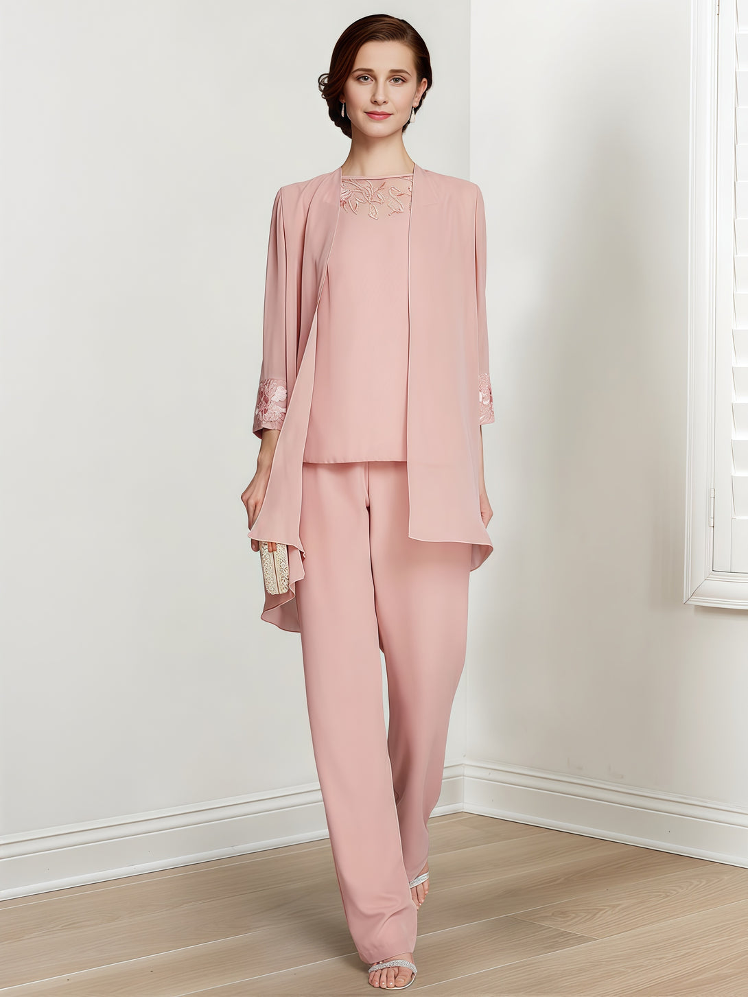 Boat Neck Long Sleeve Floor-Length Chiffon Mother of the Bride Pantsuits With Appliques/Jacket BabaMila