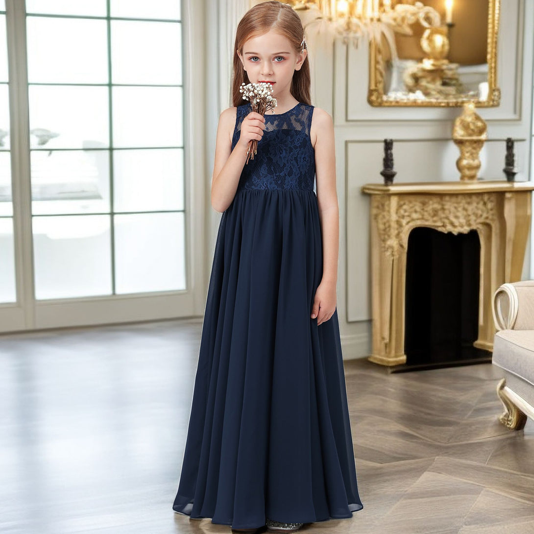 A-Line Scoop Neck Sleeveless Floor-Length Lace/Chiffon Junior Bridesmaid Dress/Girls Birthday Dresses With Pleated Girls Gidiondress