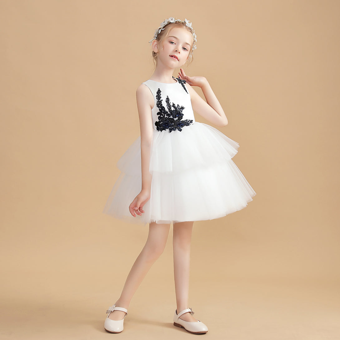 Sleeveless Scoop Neck Knee-Length Ivory Satin/Tulle Flower Girl Dresses With Appliques Girls Gidiondress