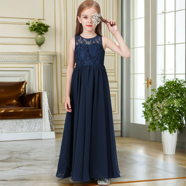 A-Line Scoop Neck Sleeveless Floor-Length Lace/Chiffon Junior Bridesmaid Dress/Girls Birthday Dresses With Pleated Girls Gidiondress