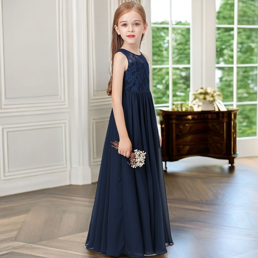 A-Line Scoop Neck Sleeveless Floor-Length Lace/Chiffon Junior Bridesmaid Dress/Girls Birthday Dresses With Pleated Girls Gidiondress