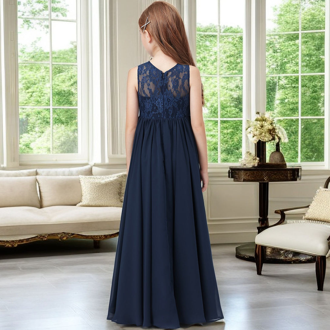 A-Line Scoop Neck Sleeveless Floor-Length Lace/Chiffon Junior Bridesmaid Dress/Girls Birthday Dresses With Pleated Girls Gidiondress