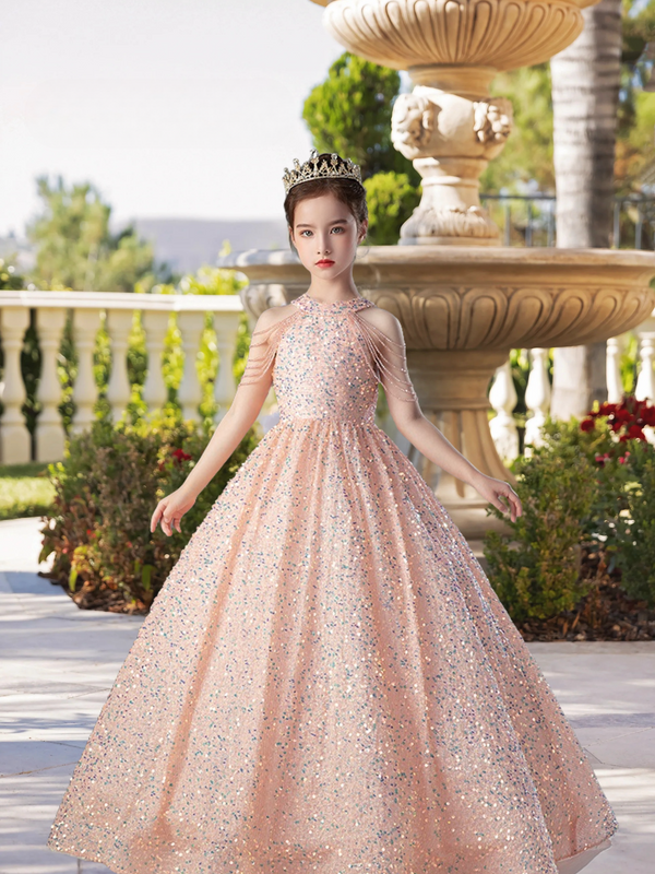 Exquisite Halter Cold Shoulder Floor-Length Sequined Lace Ball Gown/Princess With Beads/Bow Girls Gidiondress