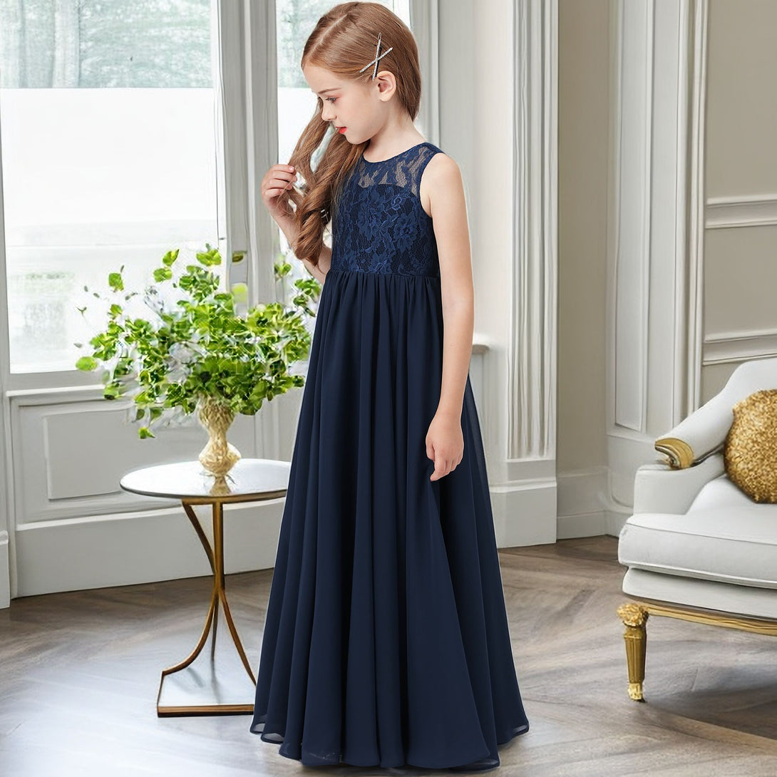 A-Line Scoop Neck Sleeveless Floor-Length Lace/Chiffon Junior Bridesmaid Dress/Girls Birthday Dresses With Pleated Girls Gidiondress