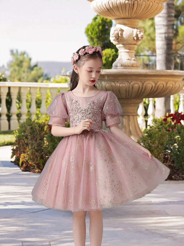 Exquisite Scoop Neck Puff Sleeve Knee-Length Printed Tulle Girls Birthday Dresses With Beads/Appliques Girls Gidiondress