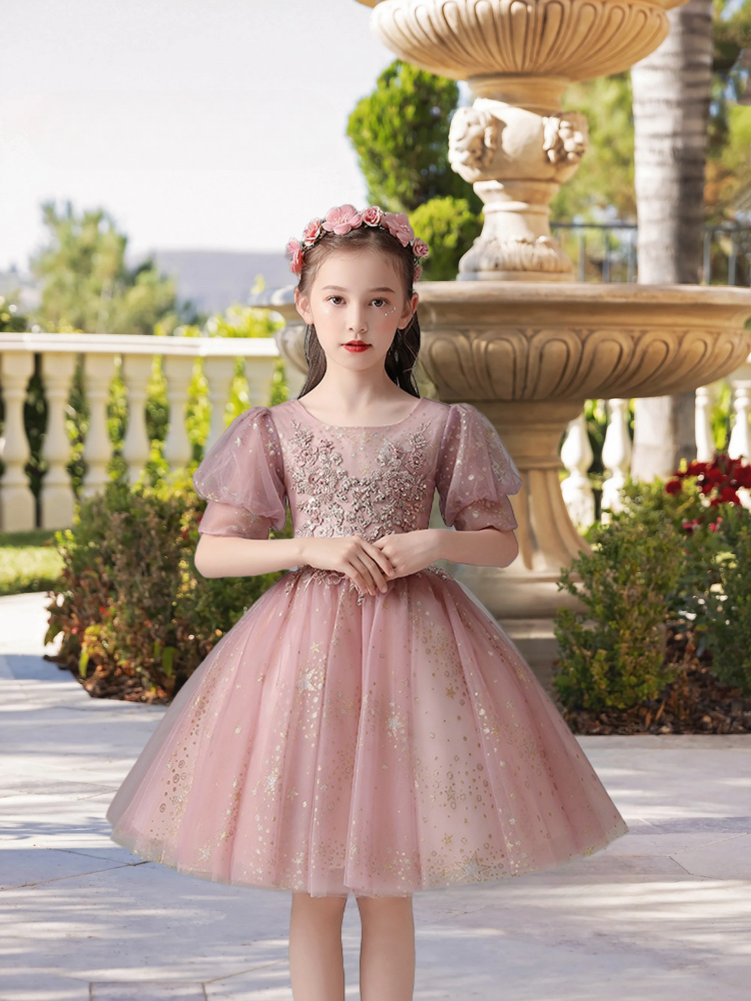 Exquisite Scoop Neck Puff Sleeve Knee-Length Printed Tulle Girls Birthday Dresses With Beads/Appliques Girls Gidiondress