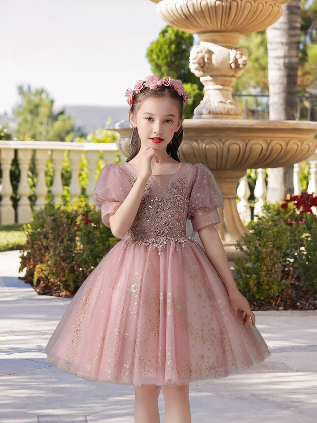 Exquisite Scoop Neck Puff Sleeve Knee-Length Printed Tulle Girls Birthday Dresses With Beads/Appliques Girls Gidiondress
