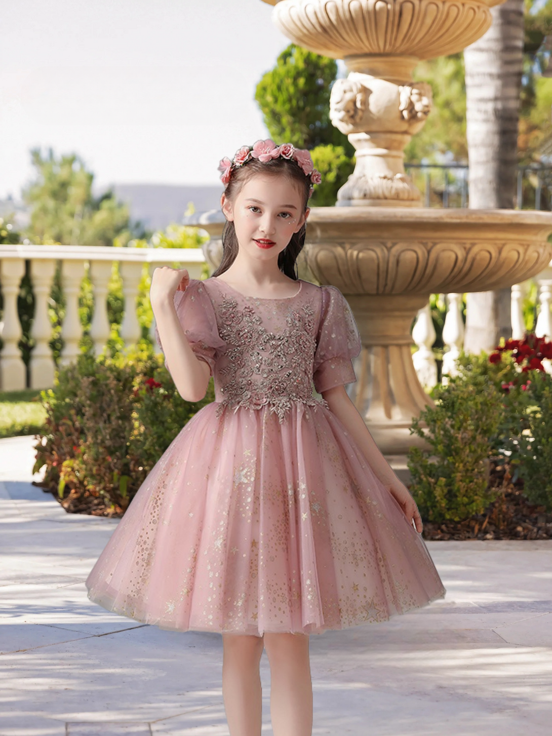 Exquisite Scoop Neck Puff Sleeve Knee-Length Printed Tulle Girls Birthday Dresses With Beads/Appliques Girls Gidiondress