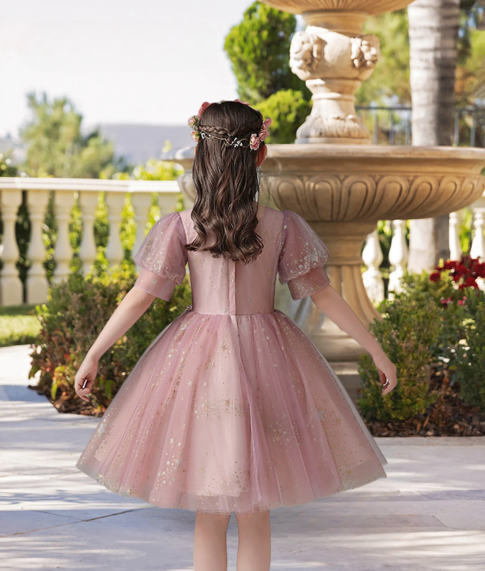 Exquisite Scoop Neck Puff Sleeve Knee-Length Printed Tulle Girls Birthday Dresses With Beads/Appliques Girls Gidiondress