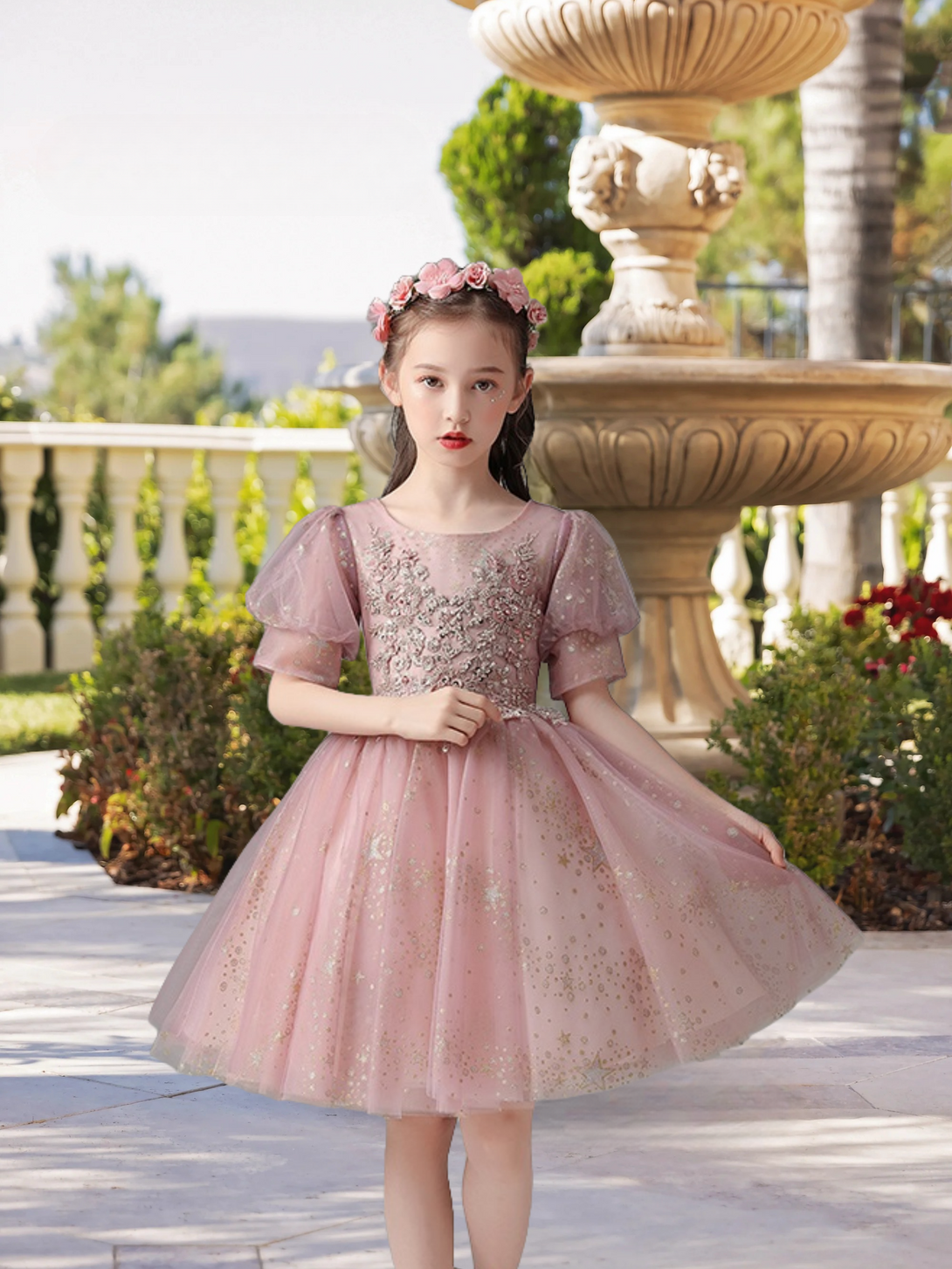 Exquisite Scoop Neck Puff Sleeve Knee-Length Printed Tulle Girls Birthday Dresses With Beads/Appliques Girls Gidiondress