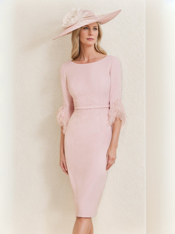 Sheath/Column Scoop Tea-Length Mother Of The Bride Dresses With Feather BabaMila