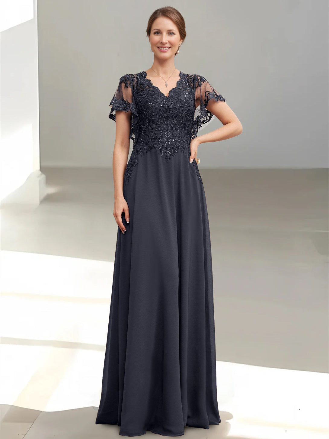 A-Line/Princess V-Neck Short Sleeves Floor-Length Mother Of The Bride Dresses With Appliques & Sequins BabaMila