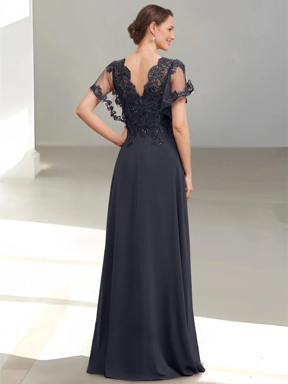 A-Line/Princess V-Neck Short Sleeves Floor-Length Mother Of The Bride Dresses With Appliques & Sequins BabaMila