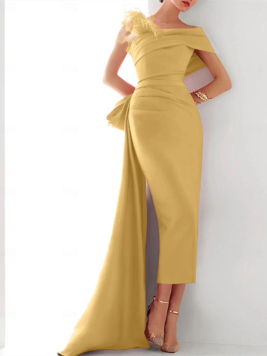Sheath/Column One Shoulder Sleeveless Sweep/Brush Train Evening Gown Elegant Dress Formal Satin with Feather Bow(s) BabaMila