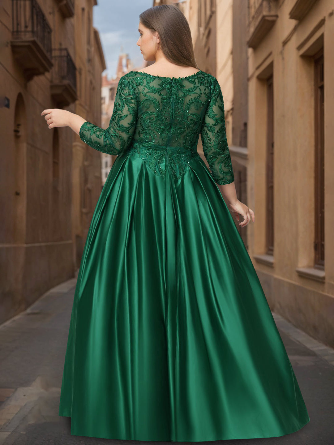 Ball Gown V-Neck Long Sleeves Floor-Length Satin Plus Size Prom Dresses with Sequins/Beads BabaMila