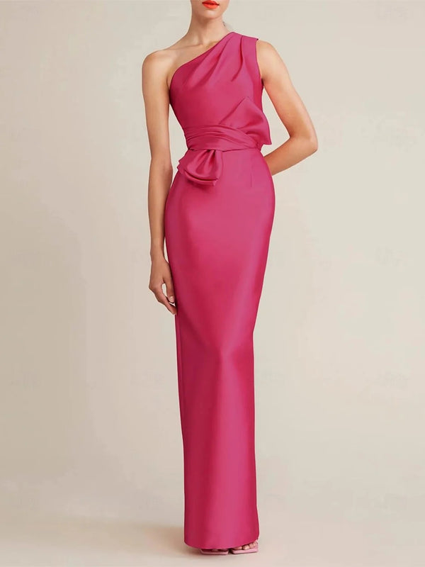 Sheath/Column Floor Length Sleeveless One Shoulder Wedding Guest Dresses Satin with Bow(s) Pocket BabaMila