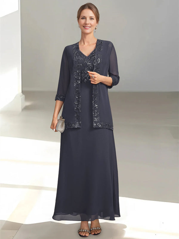 2 Pieces A-Line/Princess V-Neck Sleeveless Ankle-Length Mother Of The Bride Dresses With Appliques & Sequins & Jacket BabaMila