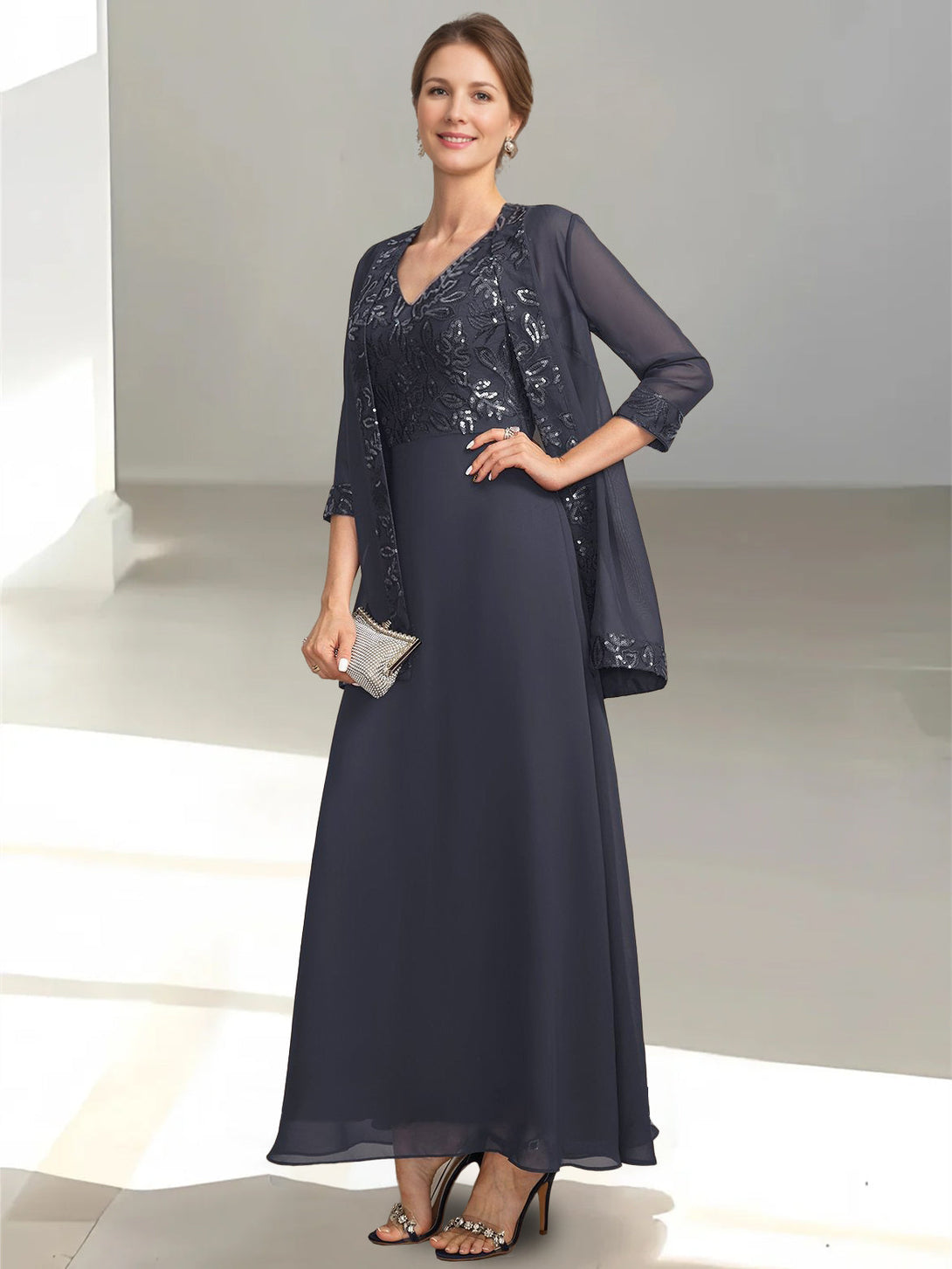 2 Pieces A-Line/Princess V-Neck Sleeveless Ankle-Length Mother Of The Bride Dresses With Appliques & Sequins & Jacket BabaMila