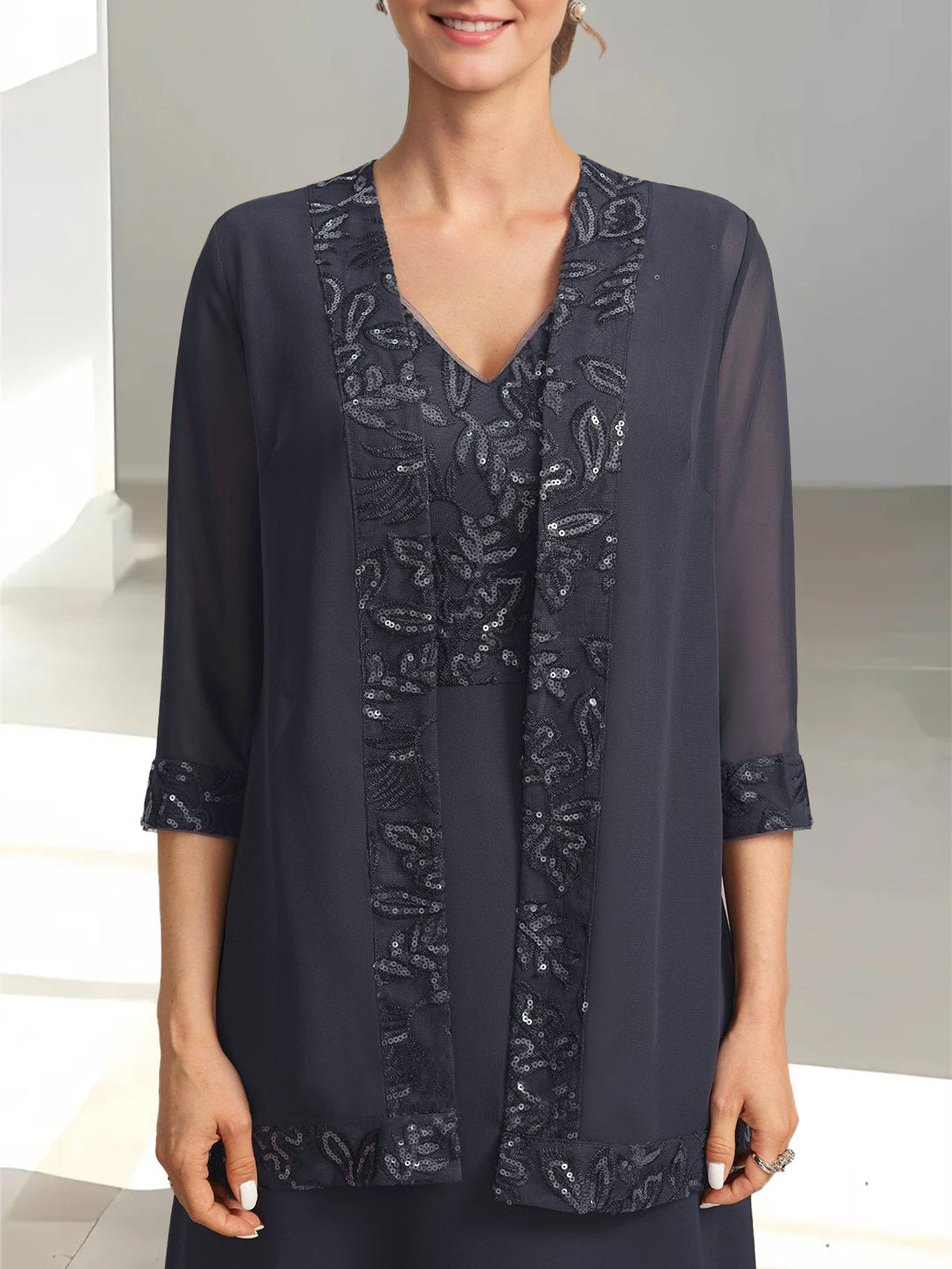 2 Pieces A-Line/Princess V-Neck Sleeveless Ankle-Length Mother Of The Bride Dresses With Appliques & Sequins & Jacket BabaMila