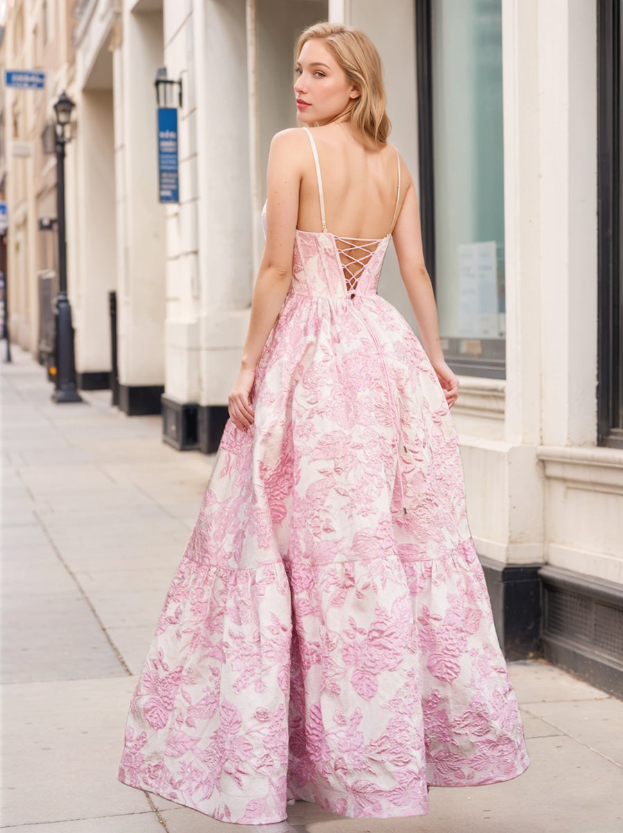 A-Line/Princess Spaghetti Straps Floor-Length Printed Floral Prom Dresses with Lace-Up/Appliques BabaMila