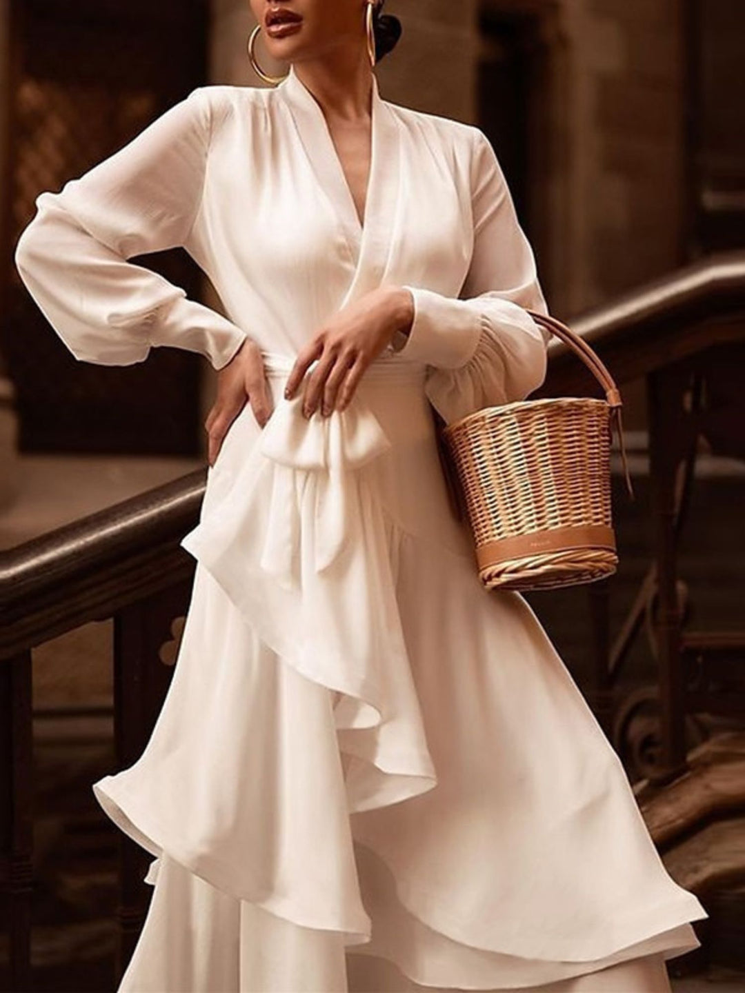 A-Line/Princess V-Neck Long Sleeves Asymmetrical Wedding Dress With Ruffles BabaMila
