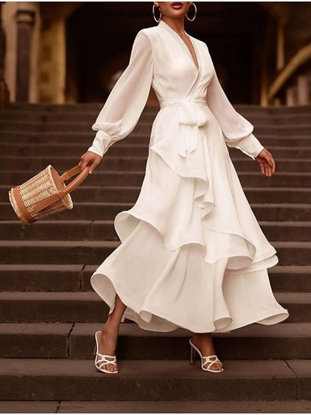 A-Line/Princess V-Neck Long Sleeves Asymmetrical Wedding Dress With Ruffles BabaMila