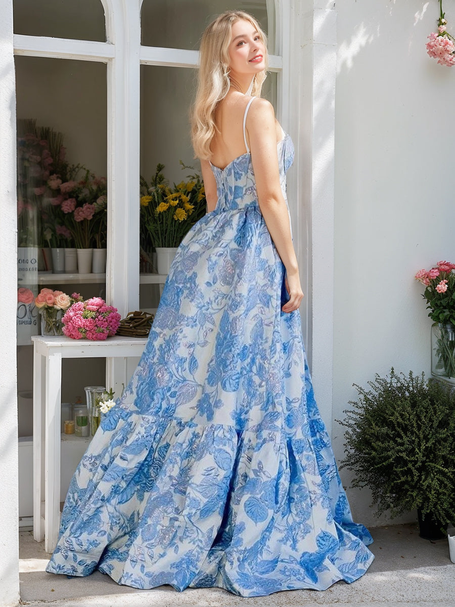 A-Line/Princess Spaghetti Straps Floor-Length Printed Floral Prom Dresses with Lace-Up/Appliques BabaMila
