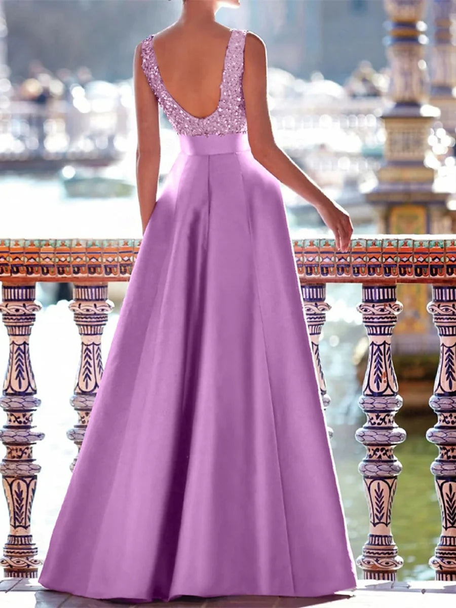 A-Line Floor Length Sleeveless V Neck Prom Dress Pocket Satin with Pearls BabaMila