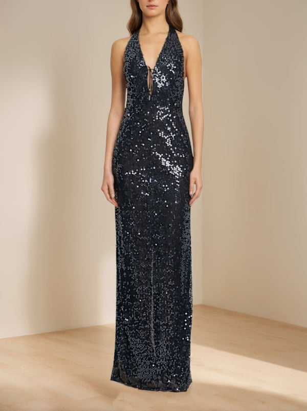 Sheath/Column Sleeveless Floor-Length Backless Prom Dresses with Self-tie/Sequins BabaMila
