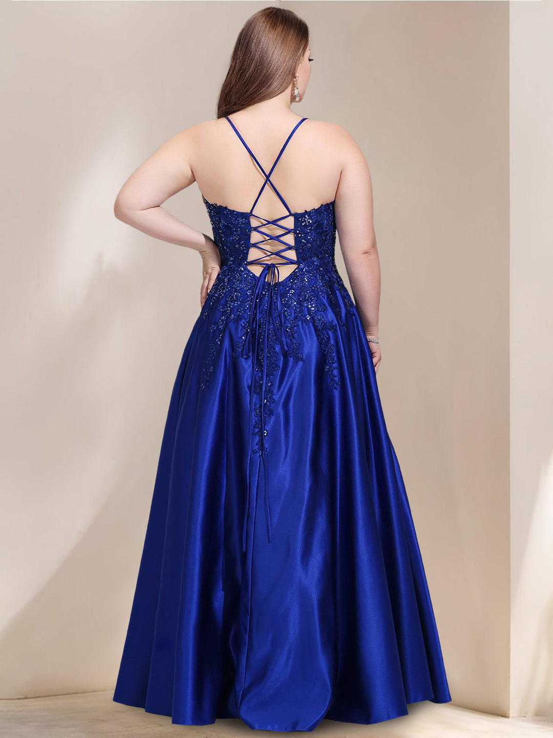 A-Line/Princess V-Neck Sleeveless Satin Lace Plus Size Prom Dresses With Sequins/Appliques BabaMila